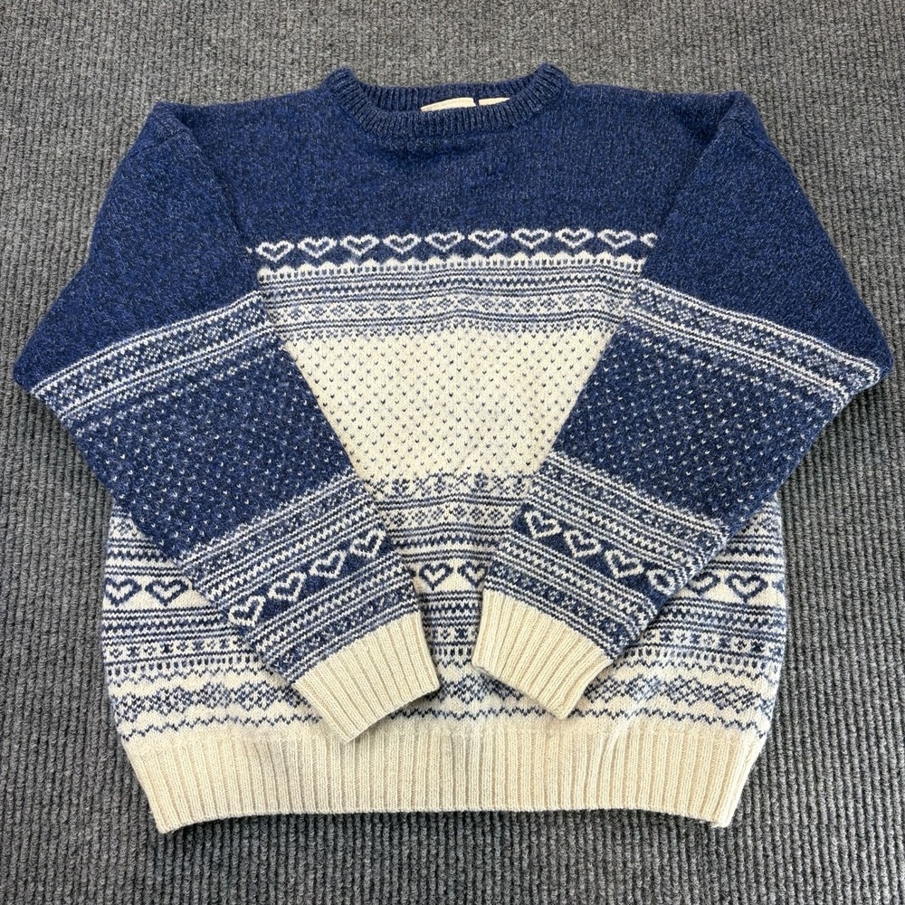 Northern Reflections Vintage Blue White Heart Fair Isle Wool Blend Sweater XL